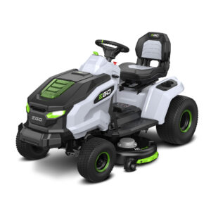 EGO Power Akku Rasentraktor TR4201E 107 cm mit Seitenauswurf, Mulchmesser, Mulcheinsatz und Wandladegerät CHV1600E, ohne Akku